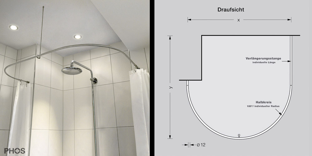 Duschvorhangstange Halbkreis mit einseitiger Verlängerung für Montage an Mauervorsprung oder Nische. Beliebige individuelle Maße lieferbar.