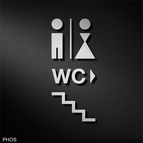 WC-Hinweisschilder als Piktogramm Kombination aus Herren-WC, Damen-WC, Richtungspfeil und Treppe.
