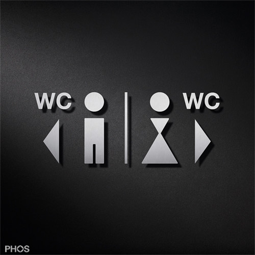 WC-Schilder mit Wegweiser als Piktogramm Kombination mit Symbolen für Herren-WC und Damen-WC mit entsprechenden Richtungspfeilen.